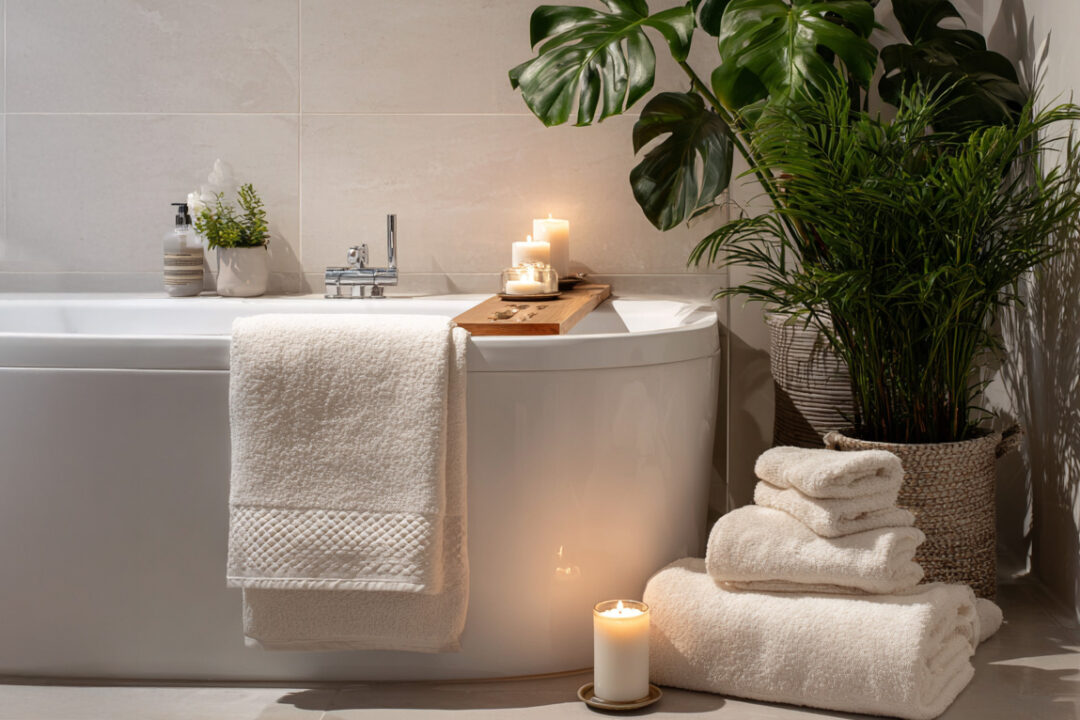 Wellness im Badezimmer mit weißen Handtüchern, Kerzenlicht und grünen Pflanzen