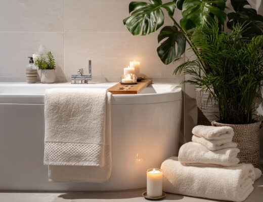 Wellness im Badezimmer mit weißen Handtüchern, Kerzenlicht und grünen Pflanzen