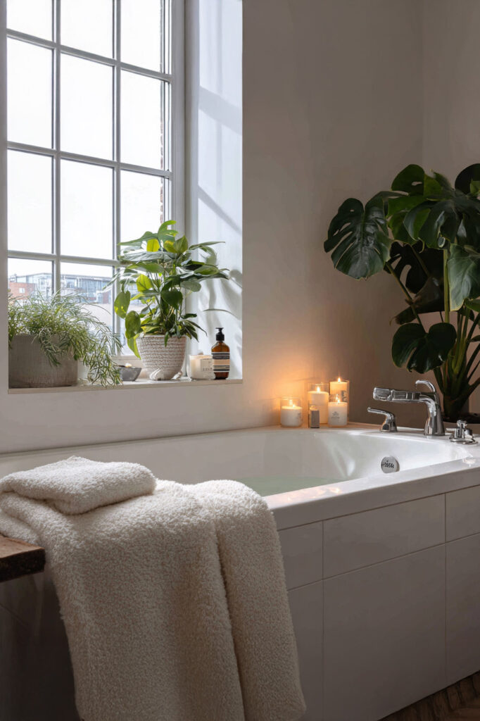 Spa‑Feeling im Badezimmer mit weißen flauschigen Handtüchern, Kerzen und Pflanzen