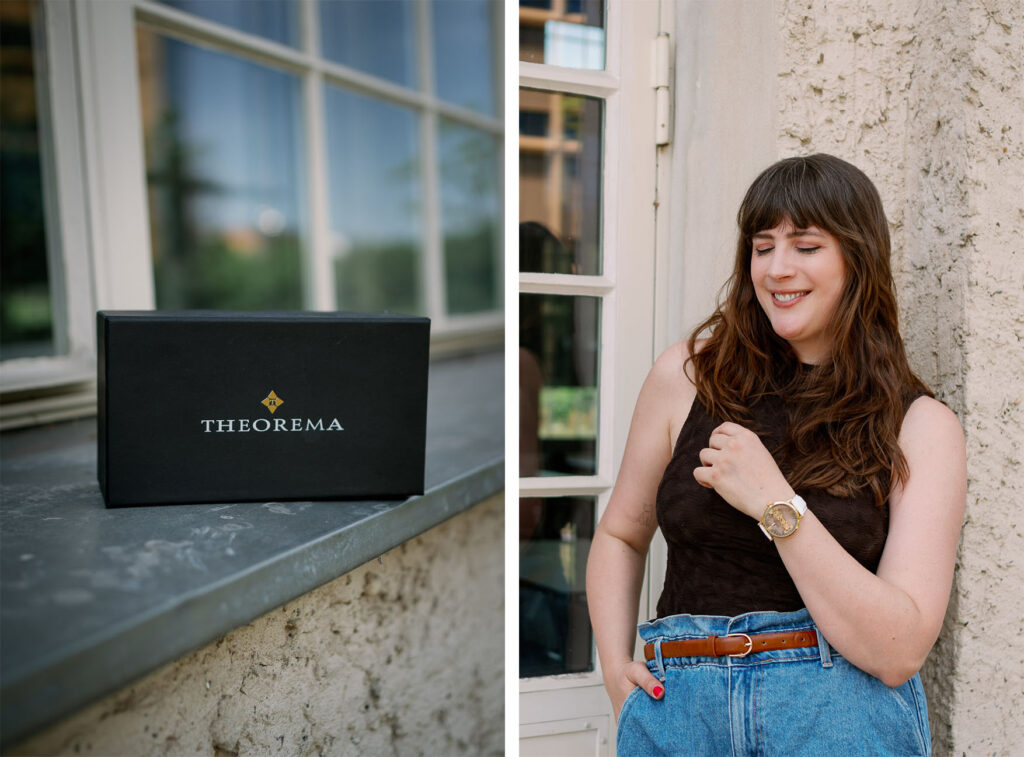 Theorema Uhrenbox auf Fensterbank und sommerlicher Look mit Statement-Uhr kombiniert