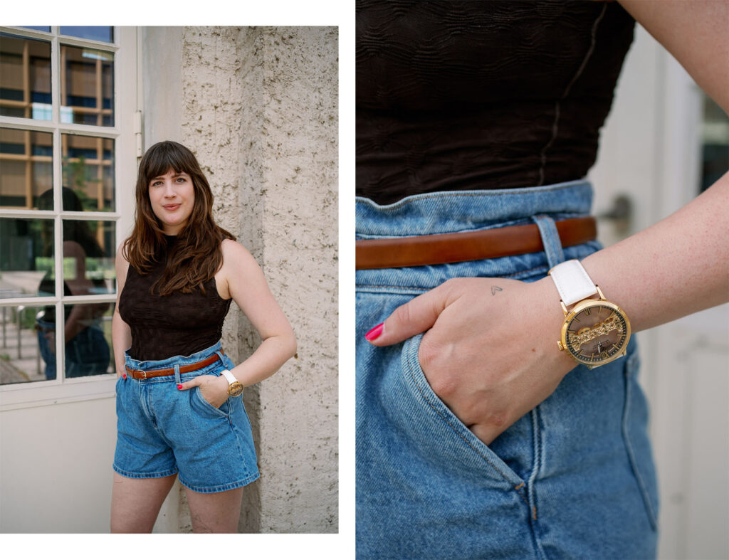 Basic Sommeroutfit mit Jeansshorts, braunem Top und San Francisco Theorema Statement-Uhr von Tufina