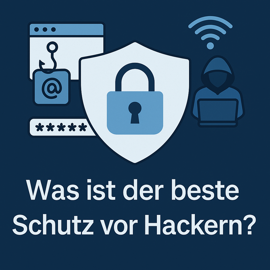 Was ist der beste Schutz vor Hackern? Cybersecurity Grafik mit Schloss, Symbolen für Phishing und Hacker