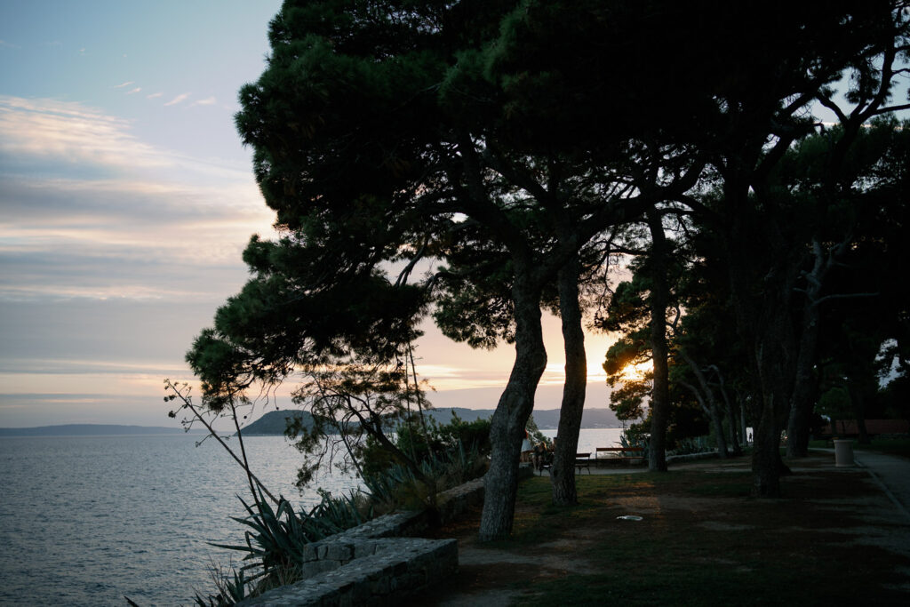 Alleine nach Split – Abendstimmung am Meer mit Bäumen und Sonnenuntergang