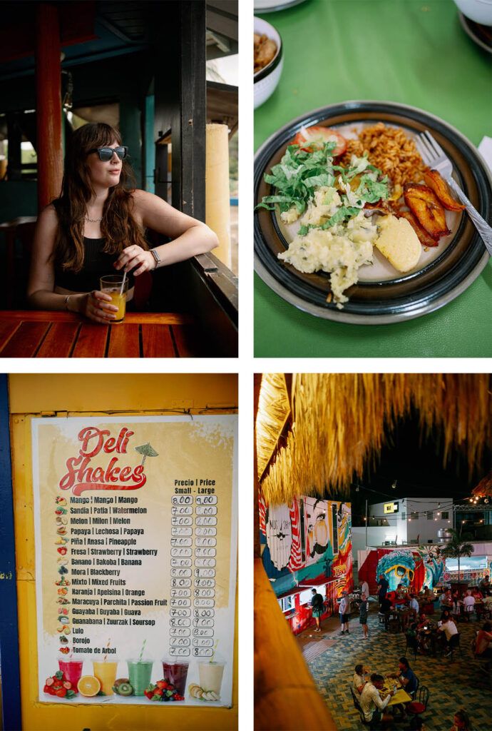 Andrea von andysparkles mit Saft im Strandlokal, lokales Tellergericht, Smoothie-Preistafel, Pasawa Food Market bei Nacht – Wie viele Tage lohnen sich auf Curaçao?