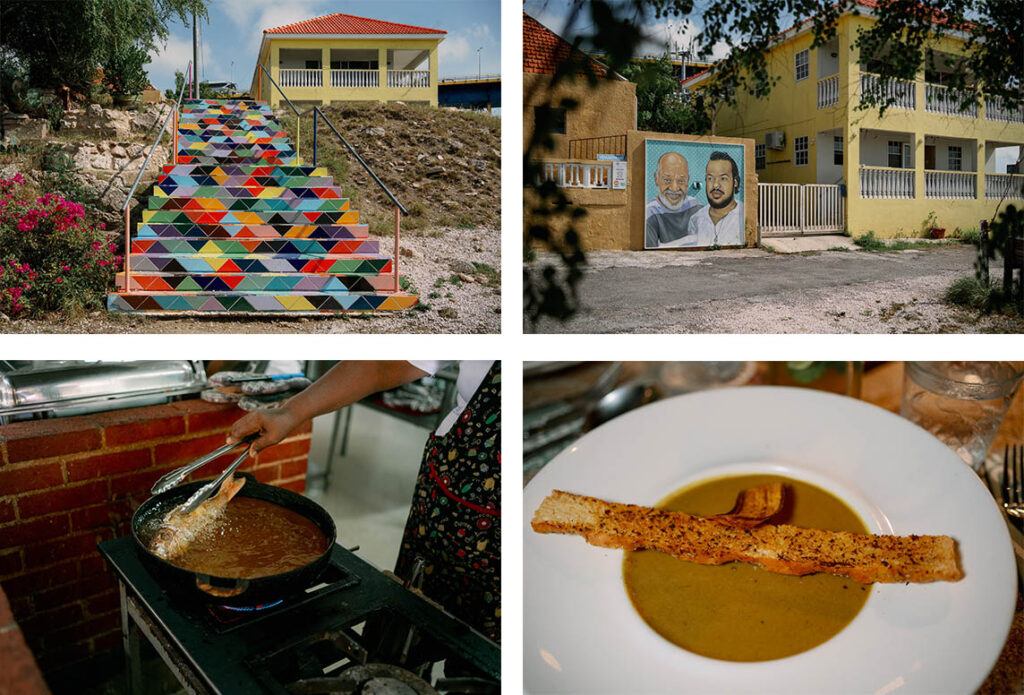 Collage: bunte Treppe in Willemstad, Porträt-Mural, gebratener Fisch in Garküche, Bananensuppe – Wie viele Tage lohnen sich auf Curaçao?