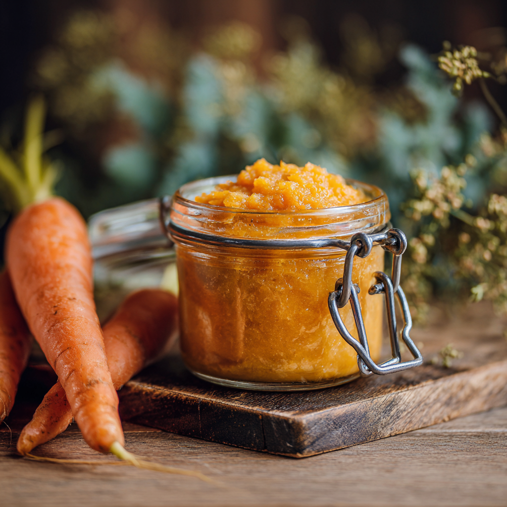 Karottenbrei im Glas mit frischen Karotten – gesunde Beikost aus Gemüse.