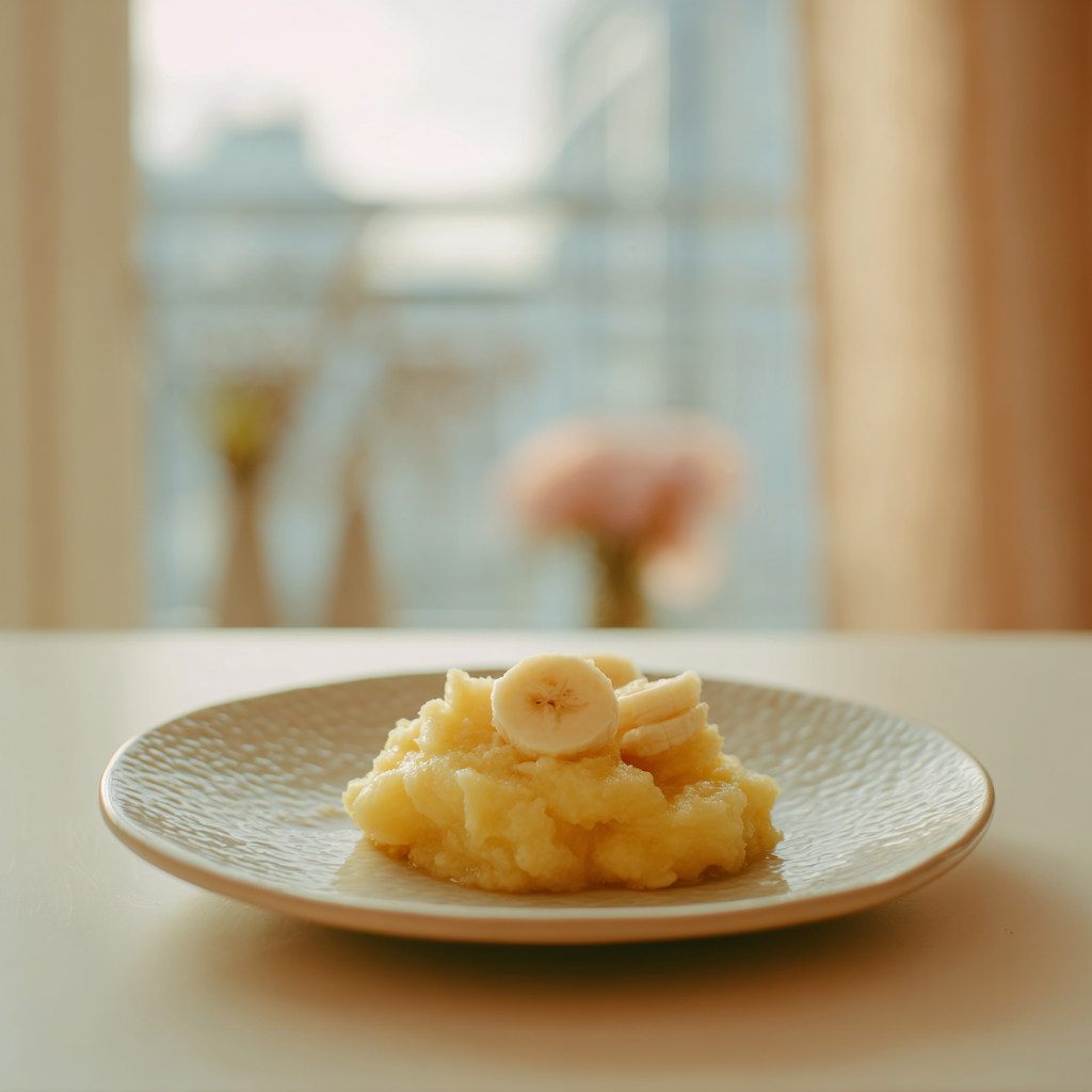 Selbstgemachter Bananenbrei für den Beikoststart auf einem Teller – frische Zubereitung mit Obst.