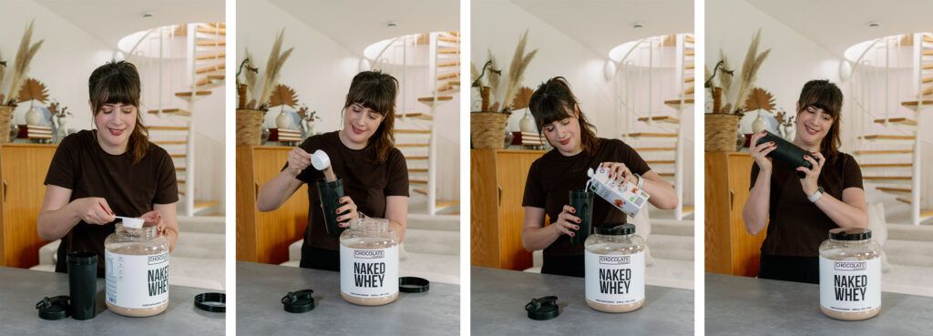Andrea bereitet ihren Naked Nutrition Schoko-Proteinshake zu – Proteinpulver abmessen, in den Shaker geben und mit Milch auffüllen.