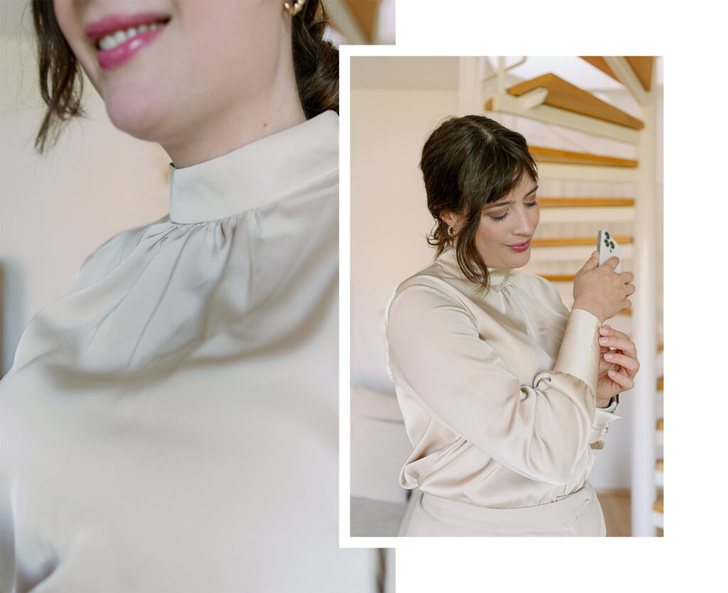 Detail collage of Andrea's bright tailored blouse from andysparkles with fabric and sleeve details