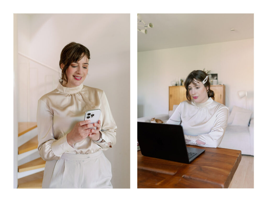 Andrea from andysparkles in a light blouse as a picture collage of home office and modern office outfit