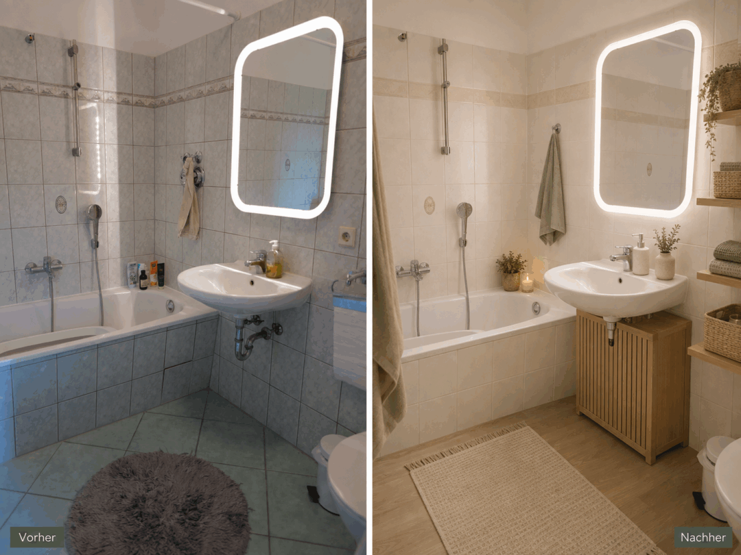 Badezimmer in der Mietwohnung renovieren ohne Umbau: Vorher-Nachher-Vergleich mit Fliesenfolie, Vinylboden und LED-Spiegel