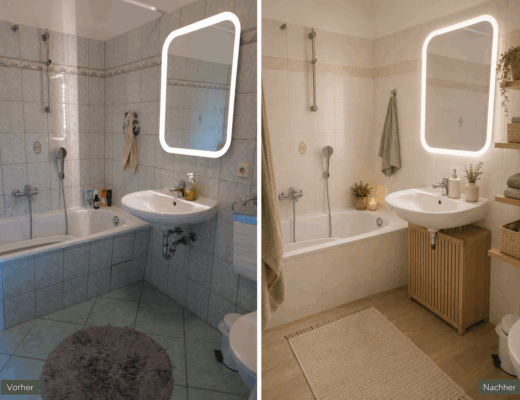 Badezimmer in der Mietwohnung renovieren ohne Umbau: Vorher-Nachher-Vergleich mit Fliesenfolie, Vinylboden und LED-Spiegel