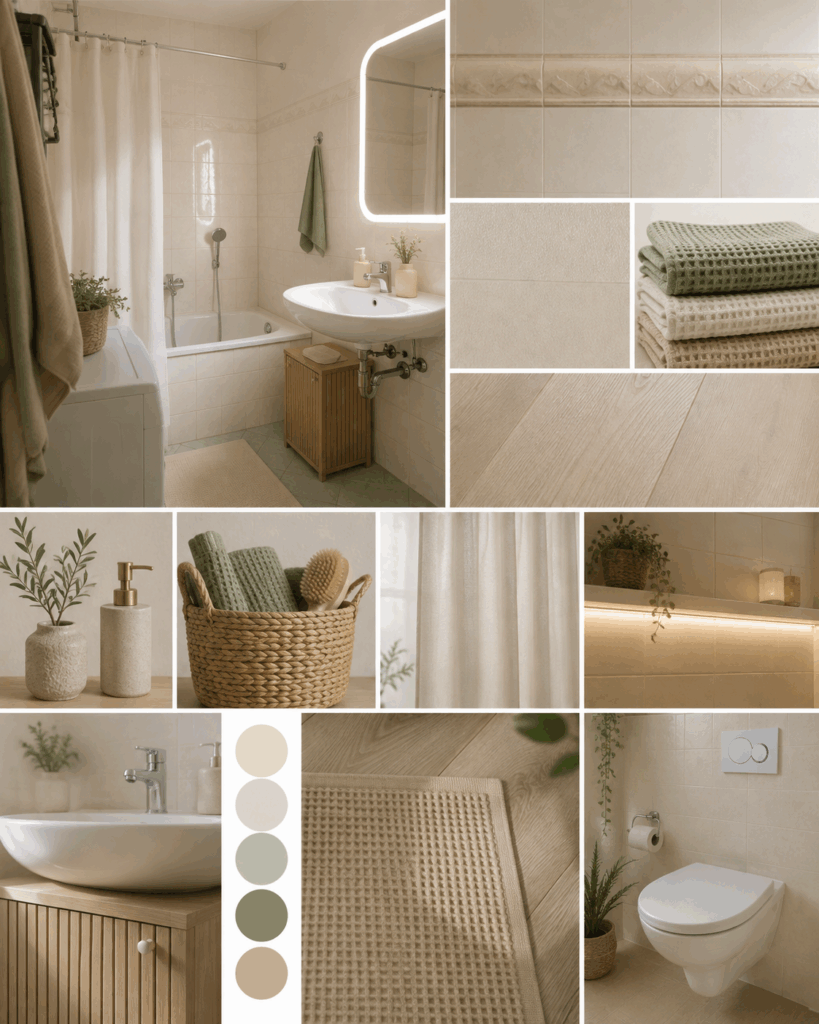 Moodboard fürs Bad in der Mietwohnung: Farbpalette, Fliesenfolie, Jute-Teppich und warme Textilien