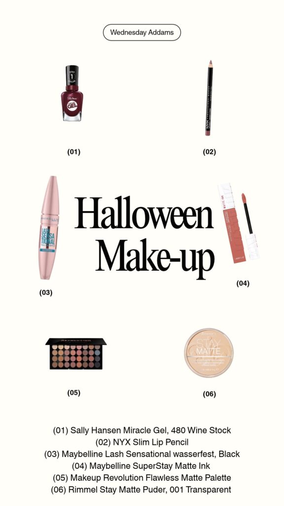 Produkte für das Wednesday Addams Make-up: dunkelroter Nagellack, Lipliner, Mascara, Liquid Lipstick, Lidschattenpalette und Puder